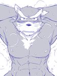  abs anthro biceps black_and_white blush canine chest_tuft cottonnottoc dog fur looking_at_viewer male mammal monochrome muscles nipples simple_background solo sweat tooboe_bookmark tuft whiskers 