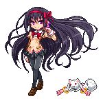  akemi_homura black_hair black_legwear earrings full_body jewelry kyubey long_hair lowres mahou_shoujo_madoka_magica mahou_shoujo_madoka_magica_movie niino pantyhose pixel_art purple_eyes smile transparent_background very_long_hair 