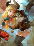  2015 adora_dragon_maiden animal animal_on_shoulder bare_shoulders bell blonde_hair blue_gloves breasts cleavage company_name copyright_name crowgod dragon food fruit fruit_bowl gloves grey_legwear highres horns leaning_forward legend_of_the_cryptids licking_lips long_hair medium_breasts official_art red_eyes saliva signature solo thighhighs tongue tongue_out 