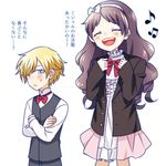  1girl bangs blonde_hair blue_eyes blush bow bowtie chloe_ardenne chloe_no_requiem closed_eyes crossed_arms formal long_hair lowres michel_d'alembert musical_note open_mouth poke_nk purple_hair short_hair sidelocks simple_background skirt smile suit translation_request white_background 
