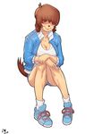  absurdres animal_ears borrowed_character breasts brown_hair cigarette cleavage dog_ears dog_tail full_body furry hair_over_eyes highres jacket john_doe large_breasts loose_socks md5_mismatch open_clothes open_jacket original pigeon-toed resized sam_(colo) shoes short_hair sitting smile sneakers socks solo tail upscaled yellow_skin 