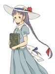  blush book braid chii-kun_(seedyoulater) dress hat long_hair looking_at_viewer patchouli_knowledge puffy_short_sleeves puffy_sleeves purple_eyes purple_hair short_sleeves simple_background solo sun_hat touhou twin_braids white_background 