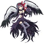  akemi_homura akuma_homura argyle argyle_legwear bare_shoulders black_dress black_gloves black_hair bow choker dark_orb_(madoka_magica) dress elbow_gloves feathered_wings full_body gloves hair_bow high_heels long_hair lowres mahou_shoujo_madoka_magica mahou_shoujo_madoka_magica_movie mi-keito pixel_art ribbon solo spoilers thighhighs transparent_background wings 