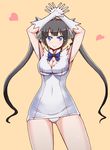  armpits black_hair blue_eyes blue_neckwear blue_ribbon bow breasts defiaz_(infinity) dress dungeon_ni_deai_wo_motomeru_no_wa_machigatteiru_darou_ka hair_bow hands_above_head heart hestia_(danmachi) large_breasts long_hair miniskirt neck_ribbon orange_background rei_no_himo ribbon simple_background skin_tight skirt smile solo standing twintails white_dress 