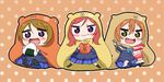  animal_costume blush brown_hair chibi chopsticks cup cup_ramen eating fang food himouto!_umaru-chan hood hoshizora_rin kneehighs koizumi_hanayo love_live! love_live!_school_idol_project multiple_girls nishikino_maki noodles nori_(seaweed) onigiri open_mouth orange_hair otonokizaka_school_uniform purple_eyes ramen red_hair ribbon rice school_uniform short_hair sitting skirt smile sooki tomato 