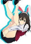  animal_ears black_hair bunny_ears covering covering_crotch fake_animal_ears green_eyes high_heels highres idolmaster idolmaster_cinderella_girls jewelry legs_up long_hair looking_at_viewer necklace no_socks shibuya_rin simple_background skirt smile solo white_background yoshiki360 