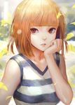  blonde_hair brown_eyes chin_rest danann midorikawa_hana parted_lips petals prison_school short_hair solo striped upper_body 