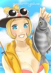  bikini bikini_under_clothes blonde_hair blue_eyes blurry blush breasts cleavage cloud copella_(surechigai_fishing) daniel_macgregor day depth_of_field double_bun eyewear_on_head fish fishing_line fishing_rod flipped_hair grin hand_up happy holding hood hood_down hoodie large_breasts lips looking_at_viewer ocean open_clothes open_hoodie outdoors short_hair signature sky sleeveless sleeveless_hoodie smile solo striped striped_bikini sunglasses surechigai_fishing swimsuit upper_body visor_cap water 