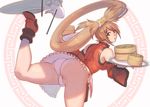  1girl arc_system_works artist_request ass bare_shoulders bent_over breasts brown_eyes brown_hair chinese_clothes detached_sleeves from_behind guilty_gear hair_ornament kondou_totetsu kuradoberi_jam long_hair looking_back open_mouth panties shoes simple_background solo tray underwear upskirt waitress 