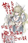  armor axe battle_axe blonde_hair blood blood_on_breasts blood_on_face bloody_weapon blue_eyes bow breasts charlotte_(fire_emblem_if) cleavage fire_emblem fire_emblem_if grin hair_bow holding holding_axe kozaki_yuusuke large_breasts long_hair navel smile solo translation_request weapon white_bow 