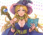  bare_shoulders blonde_hair book bracelet breasts chihiro_(kemonomichi) choker cleavage dress earrings green_eyes hat idolmaster idolmaster_million_live! jewelry large_breasts long_hair shinomiya_karen solo staff tan tanline witch_hat 