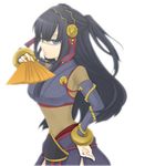  black_hair bloom bodystocking bracelet bridal_gauntlets detached_sleeves fan fire_emblem fire_emblem_if folding_fan grey_eyes hairband hand_on_hip holding jewelry long_hair mitsuni ring serious shaded_face simple_background solo syalla_(fire_emblem_if) two_side_up white_background 