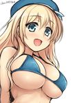  aqua_eyes arms_behind_back atago_(kantai_collection) beret bikini blonde_hair blue_bikini blush breasts collarbone don_(29219) hat kantai_collection large_breasts long_hair micro_bikini open_mouth simple_background sketch smile solo swimsuit twitter_username underboob upper_body white_background 