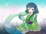  algae artist_name blue_eyes blue_hair blush bubble curly_hair finger_to_mouth fingernails fins floral_print frilled_kimono frills green_nails head_fins japanese_clothes kimono light_particles mermaid monster_girl nail_polish niromi obi ribbon rock sash short_hair sitting smile solo touhou underwater wakasagihime 