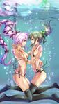  absurdres bikini bow breasts brown_eyes bubble chromatic_aberration green_eyes green_hair hair_bow highres kantai_collection looking_at_another medium_breasts multiple_girls pink_hair ponytail profile reflection satou_daiji small_breasts swimsuit thighhighs underwater yura_(kantai_collection) yuubari_(kantai_collection) 