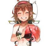  adapted_costume alternate_hairstyle ball beachball bikini breasts brown_hair closed_eyes grin hairband itomugi-kun kantai_collection machinery red_hairband shiratsuyu_(kantai_collection) short_twintails small_breasts smile smokestack solo swimsuit twintails 