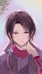  blush hand_on_own_neck kashuu_kiyomitsu long_hair looking_at_viewer low_ponytail lowres male_focus mole mole_under_mouth red_eyes red_scarf scarf solo sweat toi_(toiot) touken_ranbu upper_body 