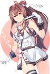  alternate_costume bad_id bad_pixiv_id bare_shoulders breasts brown_eyes brown_hair closed_fan cosplay dress fan folding_fan gloves hair_between_eyes hair_ornament hair_ribbon hatsuharu_(kantai_collection) hatsuharu_(kantai_collection)_(cosplay) kantai_collection large_breasts long_hair looking_at_viewer meth_(emethmeth) ponytail remodel_(kantai_collection) ribbon sailor_dress school_uniform shide single_thighhigh skirt smile solo thighhighs translated very_long_hair white_gloves yamato_(kantai_collection) 