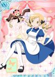  alice_(wonderland) alice_(wonderland)_(cosplay) alice_in_wonderland animal_ears apron blonde_hair bloomers blue_dress bow bunny_ears charlotte_(madoka_magica) cosplay dress drill_hair hair_bow hair_ornament mahou_shoujo_madoka_magica mary_janes official_art pantyhose pocket_watch puffy_sleeves shoes tomoe_mami trading_card twin_drills twintails underwear watch white_legwear white_rabbit white_rabbit_(cosplay) yellow_eyes 