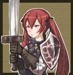  armor black_gloves black_ribbon fire_emblem fire_emblem_if frame gloves hair_ribbon holding holding_sword holding_weapon horizontal-striped_background long_hair luna_(fire_emblem_if) o3o outline red_eyes red_hair ribbon shield sketch solo striped striped_background sword twintails upper_body vertical_stripes wakai_hiroshi weapon white_outline 