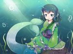  algae artist_name blue_eyes blue_hair blush bubble curly_hair finger_to_mouth fingernails fins floral_print frilled_kimono frills green_nails head_fins japanese_clothes kimono light_particles light_rays mermaid monster_girl nail_polish niromi obi ribbon rock sash short_hair sitting smile solo sunlight touhou underwater wakasagihime 