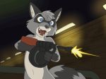  animated anthro blue_eyes gun male mammal martinballamore open_mouth procyonid raccoon ranged_weapon shooting solo standing weapon 