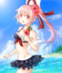  bare_arms bare_shoulders beach beret bikini_skirt black_skirt blue_hair blurry collarbone day depth_of_field flower frilled_skirt frills front-tie_top gradient_hair groin hair_between_eyes hair_flower hair_ornament harusame_(kantai_collection) hat hibiscus kantai_collection long_hair looking_at_viewer midriff multicolored_hair navel open_mouth outdoors pink_eyes pink_hair side_ponytail skirt solo swimsuit tropical_drink water yusoson 