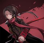  black_hair earrings floating_hair hair_ribbon jewelry kashuu_kiyomitsu long_hair long_sleeves low_ponytail lowres male_focus military military_uniform mole mole_under_mouth nail_polish petals ponytail red_eyes red_nails red_scarf ribbon scarf solo sword toi_(toiot) touken_ranbu uniform weapon 