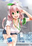  animal_ears armband blush brand_name_imitation breasts cat_ears cat_tail commentary_request ganari_ryuu green_eyes hat headphones headset large_breasts long_hair looking_at_viewer open_mouth original pink_hair pocari_sweat smile solo staff super_tama_musume tail tamatoys tokyo_big_sight 