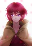  1girl akatsuki_no_yona cloak dress earrings jewelry looking_at_viewer portrait purple_eyes red_hair serious short_hair simple_background solo upper_body yona_(akatsuki_no_yona) 