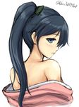  bare_shoulders blue_hair blush don_(29219) from_behind houshou_(kantai_collection) japanese_clothes kantai_collection kimono long_hair looking_at_viewer looking_back nape off_shoulder parted_lips ponytail profile simple_background sketch smile solo twitter_username undressing upper_body white_background 