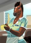  2018 apron blue_eyes brown_fur brown_hair clothed clothing equine facial_piercing female fur hair horse inside jewelry looking_at_viewer mammal mane mohawk necklace nose_piercing piercing siyah smile solo uniform waiter 