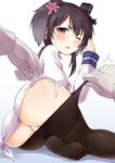  1boy 1girl admiral_(kantai_collection) anger_vein ass black_hair black_legwear blush brown_eyes crotch_seam dress facial_mark feet gloves grey_hair hat highres kantai_collection long_sleeves lowleg_pantyhose mini_hat mole multicolored_hair one_eye_closed open_mouth out_of_frame panties pantyhose pantyhose_pull pov pov_hands sailor_dress school_uniform serafuku shirt short_hair short_hair_with_long_locks side-tie_panties simple_background slapping sweatdrop tied_shirt tokitsukaze_(kantai_collection) umakuchi_shouyu underwear white_gloves white_panties 