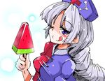  blue_eyes braid food hat long_hair one_eye_closed popsicle shinapuu silver_hair smile solo tongue tongue_out touhou watermelon_bar yagokoro_eirin 