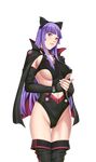  bangs blush breasts cape closed_game cocona_stemper cowboy_shot fingerless_gloves gloves hair_ribbon huge_breasts long_hair looking_at_viewer no_bra purple_hair red_eyes ribbon sei_shoujo sideboob smile solo thighhighs transparent_background 