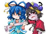  ? black_hair blue_eyes blue_hair dress flower hair_ornament hair_rings hair_stick hat jiangshi kaku_seiga miyako_yoshika multiple_girls ofuda open_mouth outstretched_arm shinapuu short_hair smile star touhou vest 