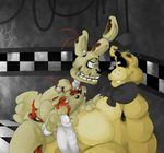  animatronic anthro bear bow chubby erection five_nights_at_freddy&#039;s golden_freddy_(fnaf) half-closed_eyes hand_on_chest handjob hat headgear lagomorph long_ears machine male male/male mammal nude penis rabbit robot sitting smile springtrap_(fnaf) stare teeth thick_penis unknown_artist video_games wire 
