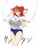  1girl bouncing_breasts breasts buruma female gym_uniform hair_bobbles hair_ornament huge_breasts jumping onozuka_komachi red_eyes red_hair shirt short_twintails simple_background solo sport standing touhou tsubaki_(pixiv526735) twintails white_background 