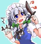  annoyed blue_eyes braid izayoi_sakuya knife maid maid_headdress ribbon rust shinapuu short_hair silver_hair solo touhou twin_braids 