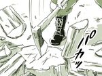  axe boots chopping comic commentary cross-laced_footwear fujiwara_no_mokou mitsumoto_jouji monochrome pants silent_comic touhou wood 