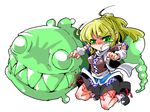  arm_warmers blonde_hair clenched_teeth green_eyes mizuhashi_parsee monster pointy_ears scarf shinapuu short_hair solo tears teeth touhou 