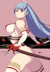  ahoge ass blue_hair breasts elbow_gloves gloves highres kondou_totetsu large_breasts leotard long_hair looking_at_viewer original red_eyes scabbard sheath simple_background solo sword thong_leotard weapon white_legwear 