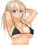  :&lt; armpits arms_up bikini black_bikini blonde_hair blush breasts covered_nipples frown hands_on_own_head large_breasts long_hair onsoku_maru original red_eyes simple_background solo swimsuit white_background 