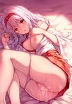 after_sex bed_sheet blush breasts brown_eyes cum cum_on_pussy cumdrip feet_out_of_frame hairband highres hiten_(hitenkei) japanese_clothes kantai_collection long_hair medium_breasts nipples open_mouth panties pillow revision shoukaku_(kantai_collection) silver_hair skirt solo underwear 