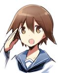  :d brown_eyes brown_hair collarbone kinosaki_(green_patio) long_sleeves miyafuji_yoshika open_mouth school_uniform serafuku short_hair simple_background smile solo strike_witches upper_body white_background world_witches_series 