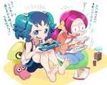  alternate_hairstyle barefoot bike_shorts blue_eyes blue_hair character_doll controller feet game_console game_controller glasses hair_bobbles hair_ornament hanasaki_tsubomi heartcatch_precure! inkling kurumi_erika long_hair moudoku_(decopon3rd) multiple_girls pink_hair playing_games precure short_hair sitting soles splatoon_(series) splatoon_1 tablet toes translated twintails wii_u 