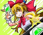  blonde_hair bow grin hair_bow horn_ribbon horns ibuki_suika long_hair pun ribbon shinapuu smile solo suica touhou yellow_eyes 