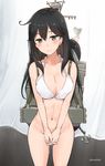  bikini_top black_eyes black_hair blush bottomless breast_squeeze breasts cleavage covering covering_crotch cowboy_shot kantai_collection large_breasts long_hair looking_at_viewer navel rigging smile solo takaharu ushio_(kantai_collection) v_arms 