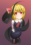  ascot bad_id bad_pixiv_id blonde_hair blush bow commentary_request darkness fang hair_bow highres kamu_jin red_eyes ribbon rumia short_hair skirt skirt_set smile solo touhou 
