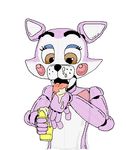  animatronic blush bow_tie brown_eyes cat cindy_(fnac) cute dessert eyelashes fangs feline five_nights_at_candy&#039;s food fur ghost_(artist) ice_cream licking machine mammal pink_fur robot solo text tongue tongue_out 